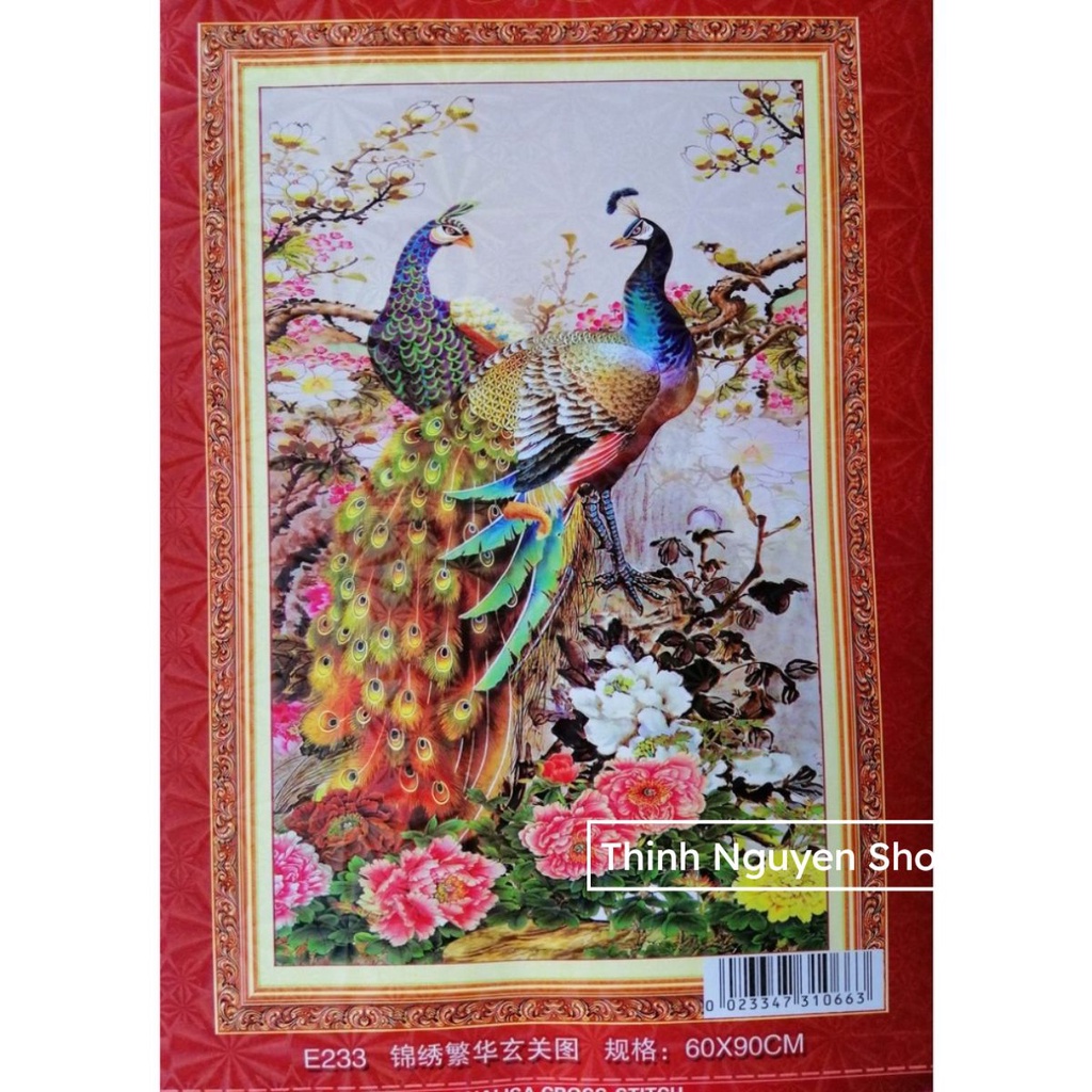 Tranh thêu chữ thập 2 chim công đẹp thêu kín E233(60x90cm)