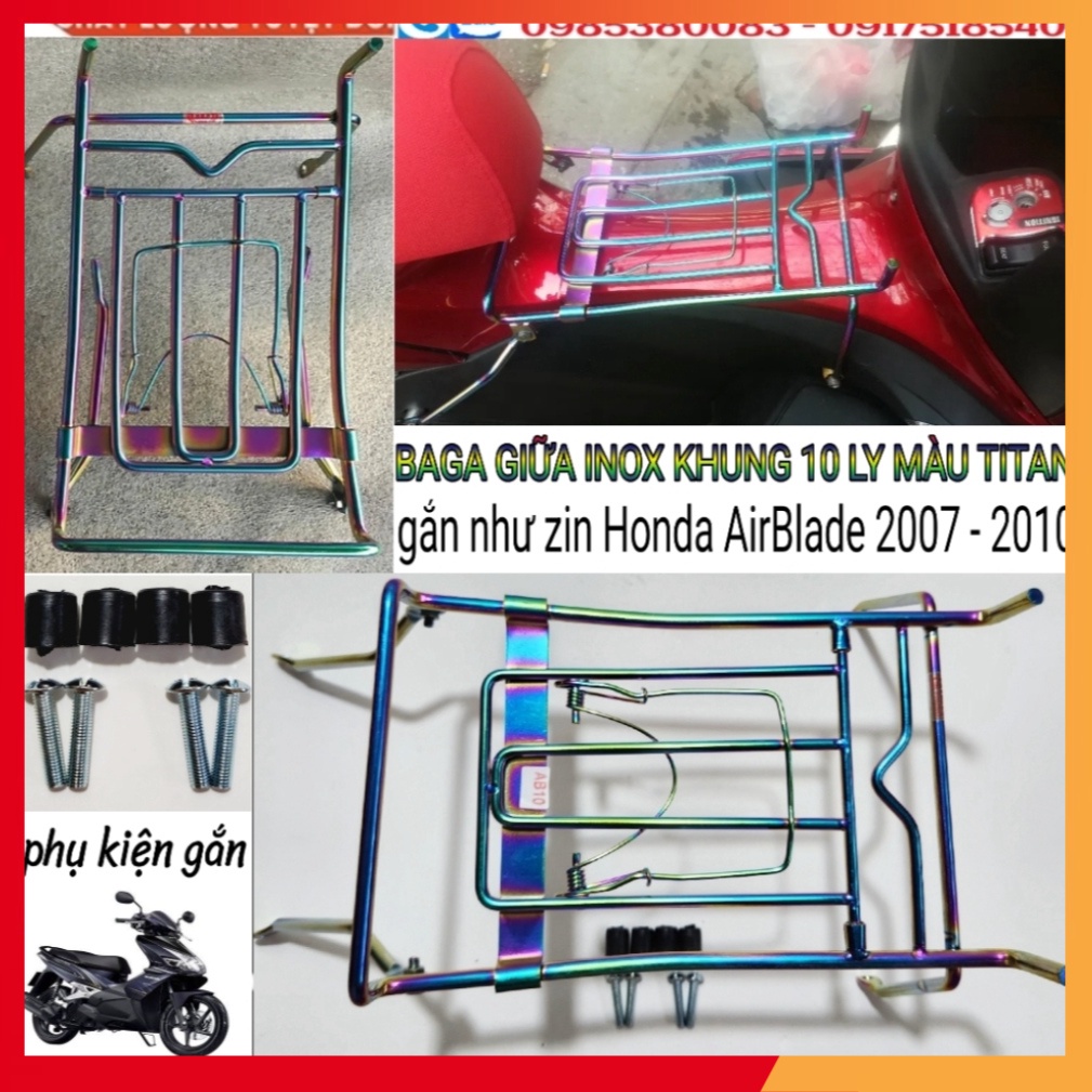 Baga Giữa Inox 10 ly, Baga Sơn Đen, Xi Màu Titan; Ốp Pô Cho AirBlade 2007-2010; Chai Phục Hồi Nhựa Nhám