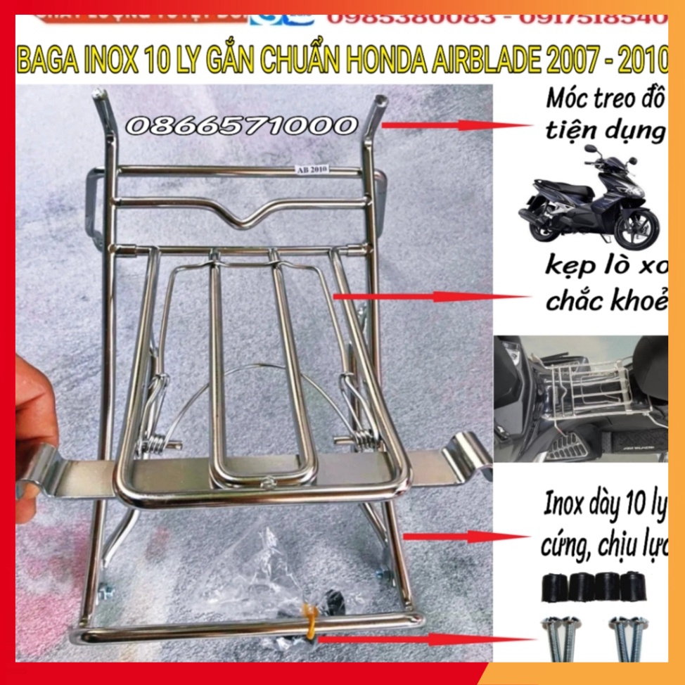 Baga Giữa Inox 10 ly, Baga Sơn Đen, Xi Màu Titan; Ốp Pô Cho AirBlade 2007-2010; Chai Phục Hồi Nhựa Nhám