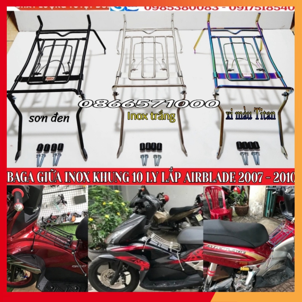 Baga Giữa Inox 10 ly, Baga Sơn Đen, Xi Màu Titan; Ốp Pô Cho AirBlade 2007-2010; Chai Phục Hồi Nhựa Nhám