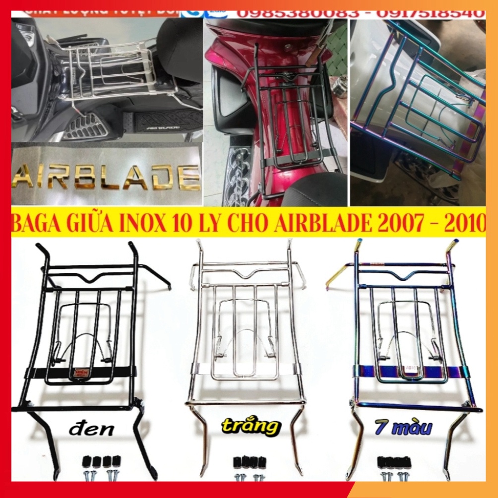 Baga Giữa Inox 10 ly, Baga Sơn Đen, Xi Màu Titan; Ốp Pô Cho AirBlade 2007-2010; Chai Phục Hồi Nhựa Nhám