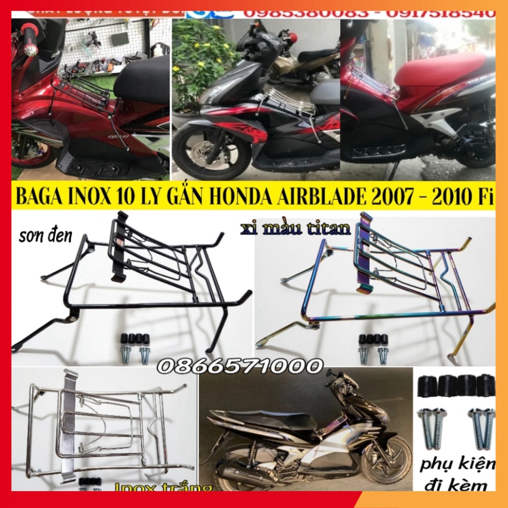 Baga Giữa Inox 10 ly, Baga Sơn Đen, Xi Màu Titan; Ốp Pô Cho AirBlade 2007-2010; Chai Phục Hồi Nhựa Nhám
