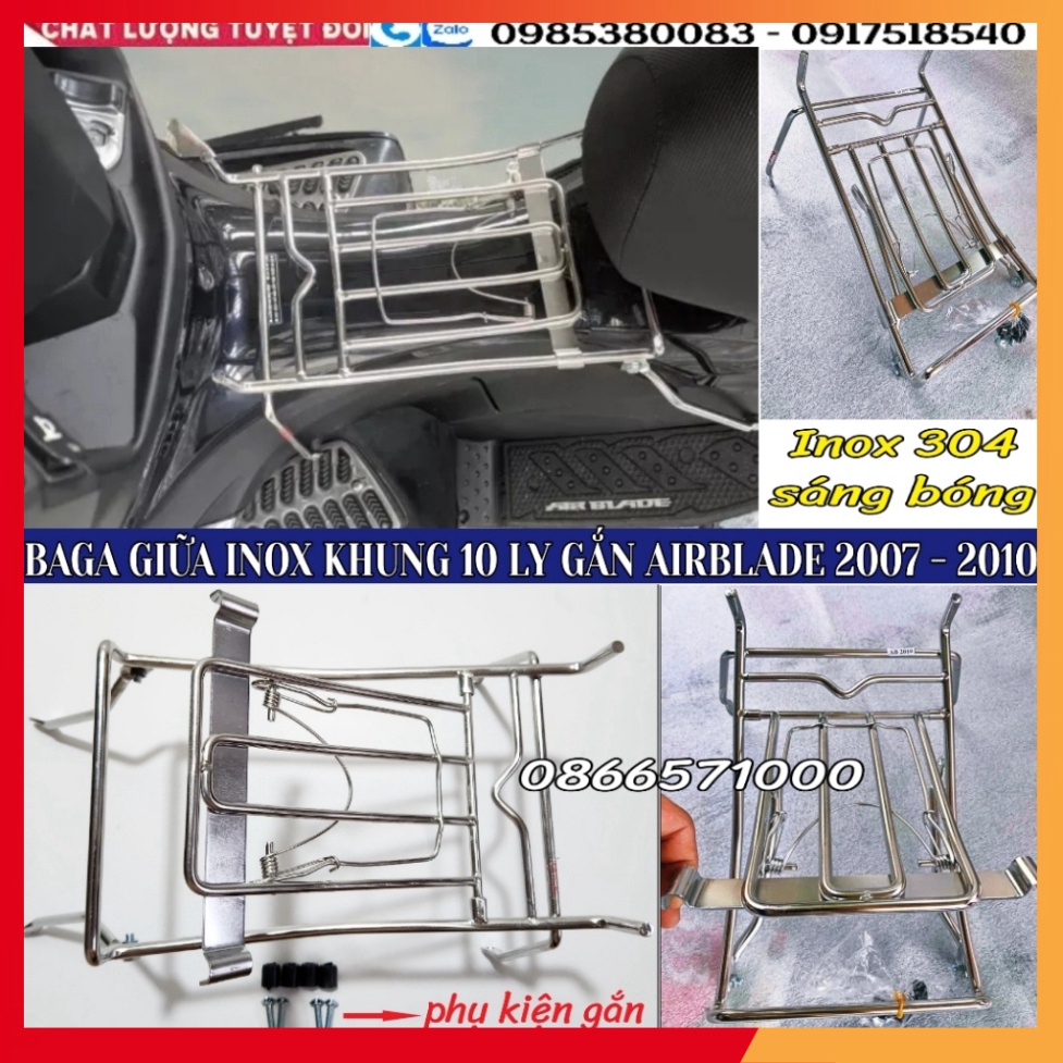 Baga Giữa Inox 10 ly, Baga Sơn Đen, Xi Màu Titan; Ốp Pô Cho AirBlade 2007-2010; Chai Phục Hồi Nhựa Nhám