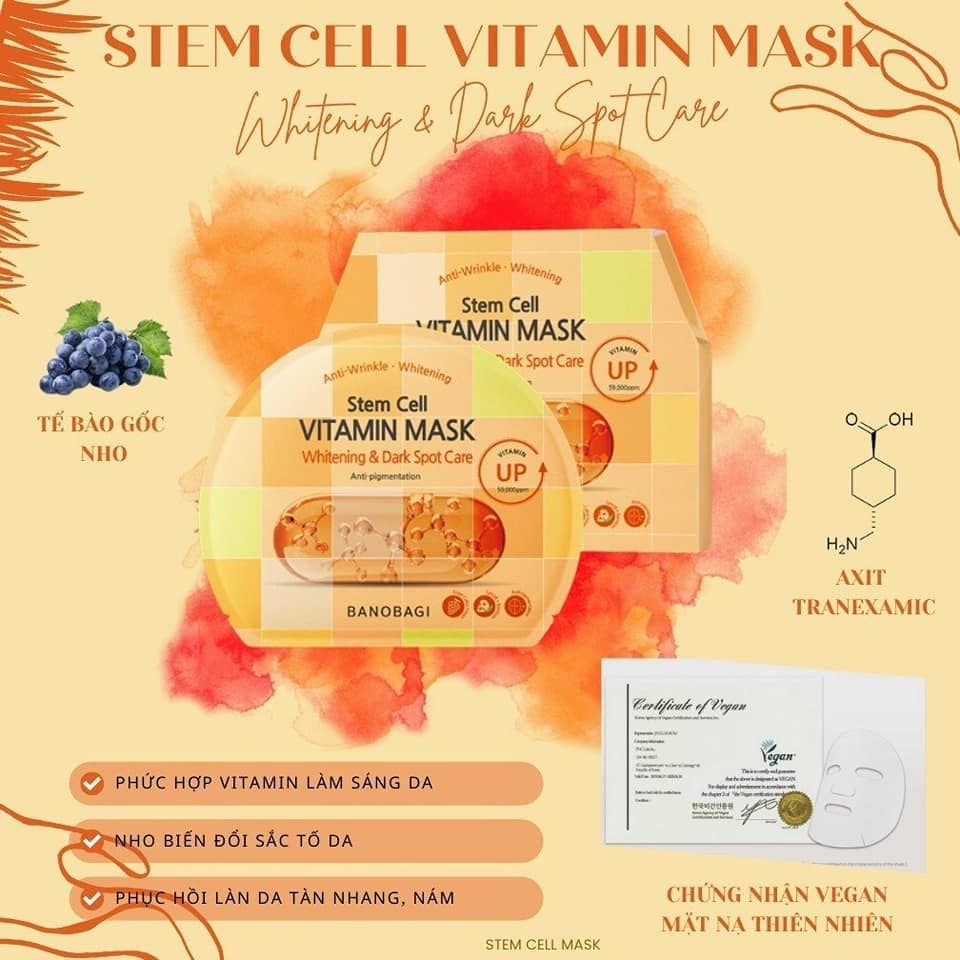 Mặt Nạ Banobagi Dưỡng Sáng Và Nâng Tông Da Stem Cell Vitamin Mask 30g  - Whitening & Tone Up (VÀNG CARO)
