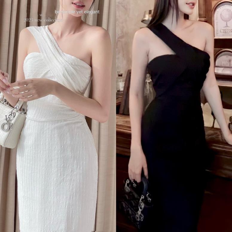 Đầm midi body 1 dây lệch bản vai 2 màu