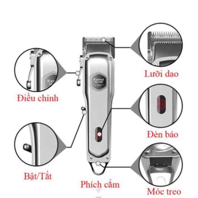 Tông Đơ Cắt Tóc Kemei KM-1998 Thân Nhôm Nguyên Khối Chuyên Nghiệp Cho Salon Và Gia Đình Có Kèm Cữ Cắt Tóc