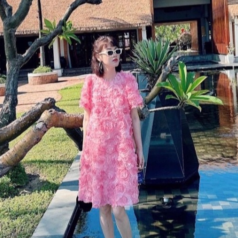 Đầm dự tiệc Baby doll dáng suông hoa hồng nổi Freesize Rin Store - SR220