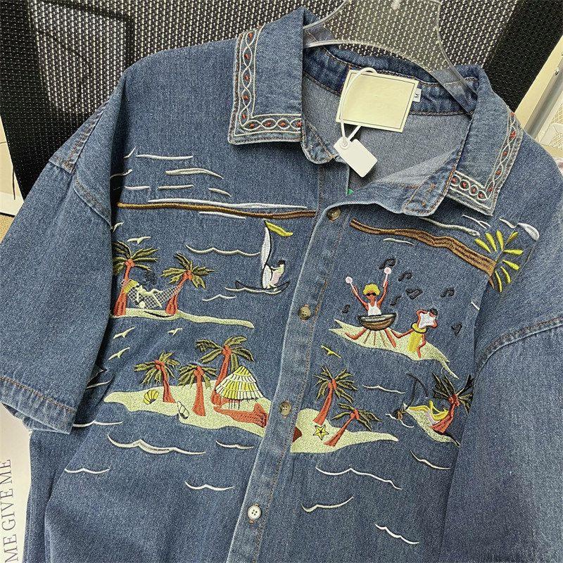 Áo Sơ Mi Denim Tay Ngắn Thêu Họa Tiết Hoạt Hình Phong Cách Nhật Bản Dành Cho Nam Nữ