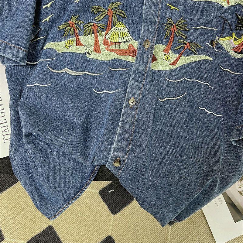 Áo Sơ Mi Denim Tay Ngắn Thêu Họa Tiết Hoạt Hình Phong Cách Nhật Bản Dành Cho Nam Nữ