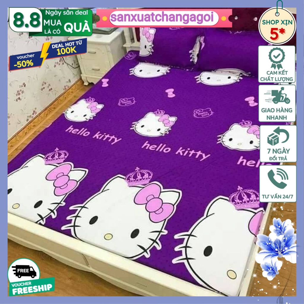 Bộ Ga Gối 4 Món Kèm Vỏ Gối Ôm Cotton Poly 1m2 1m4 1m5 1m6 1m8-sanxuatchangagoi mẫu kitty tím