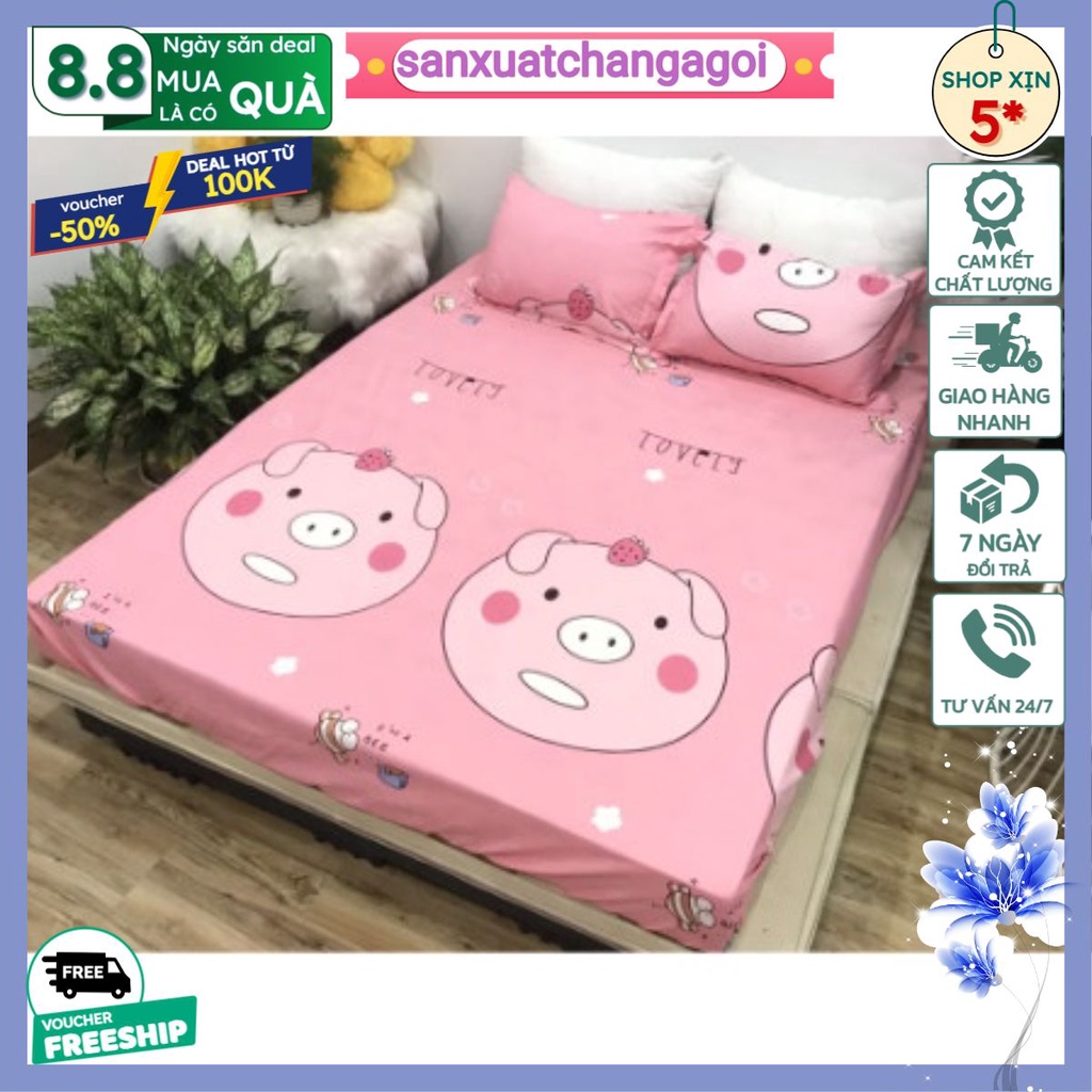 Bộ ga gối cotton poly Ga giường kèm áo gối mẫu heo hồng - kích thước 1m2x1m9;-sanxuatchangagoi