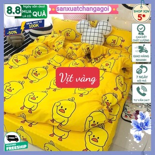 Bộ ga gối ga bo chun ga bọc đệm kèm áo gối cotton poly 1m 1m2 vải cotton poly 3D mẫu kẻ vịt vàng