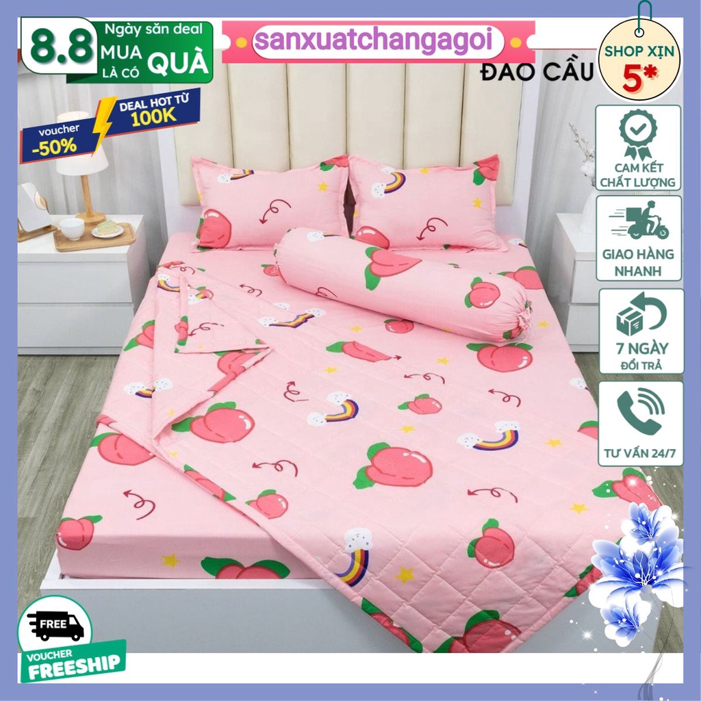 Bộ Ga Gối Trải Giường 1m6x2m vải cotton poly 3D-mẫu đào cầu vồng-sanxuatchangagoi