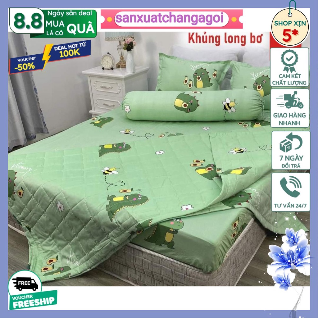 Bộ Ga Gối 4 Món Kèm Vỏ Gối Ôm Cotton Poly 1m2 1m4 1m5 1m6 1m8-sanxuatchangagoi mẫu khủng long bơ