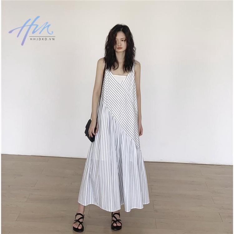 Đầm Hai Dây Dáng Rộng Họa Tiết Kẻ Sọc Trắng Xanh Dương Thời Trang Mùa Hè Cho Nữ