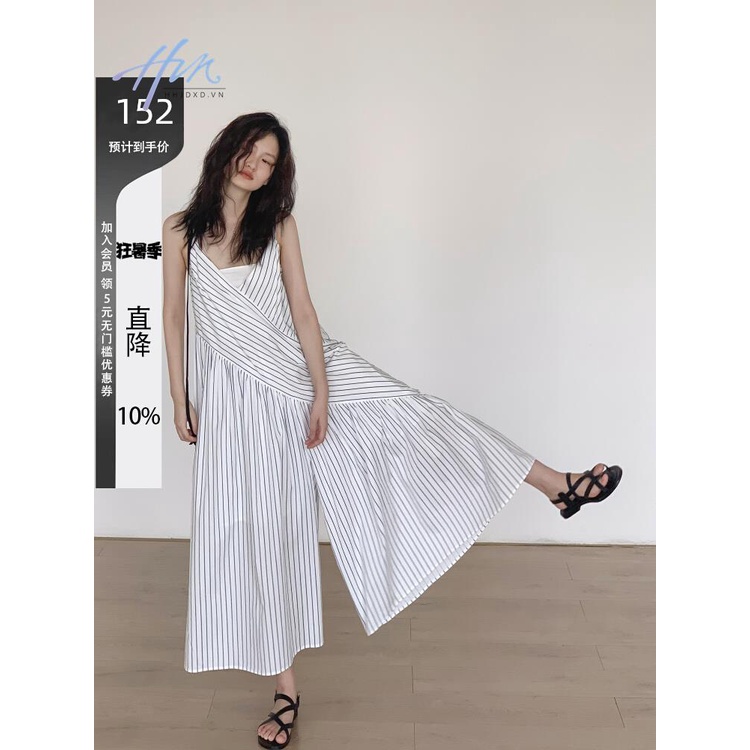 Đầm Hai Dây Dáng Rộng Họa Tiết Kẻ Sọc Trắng Xanh Dương Thời Trang Mùa Hè Cho Nữ