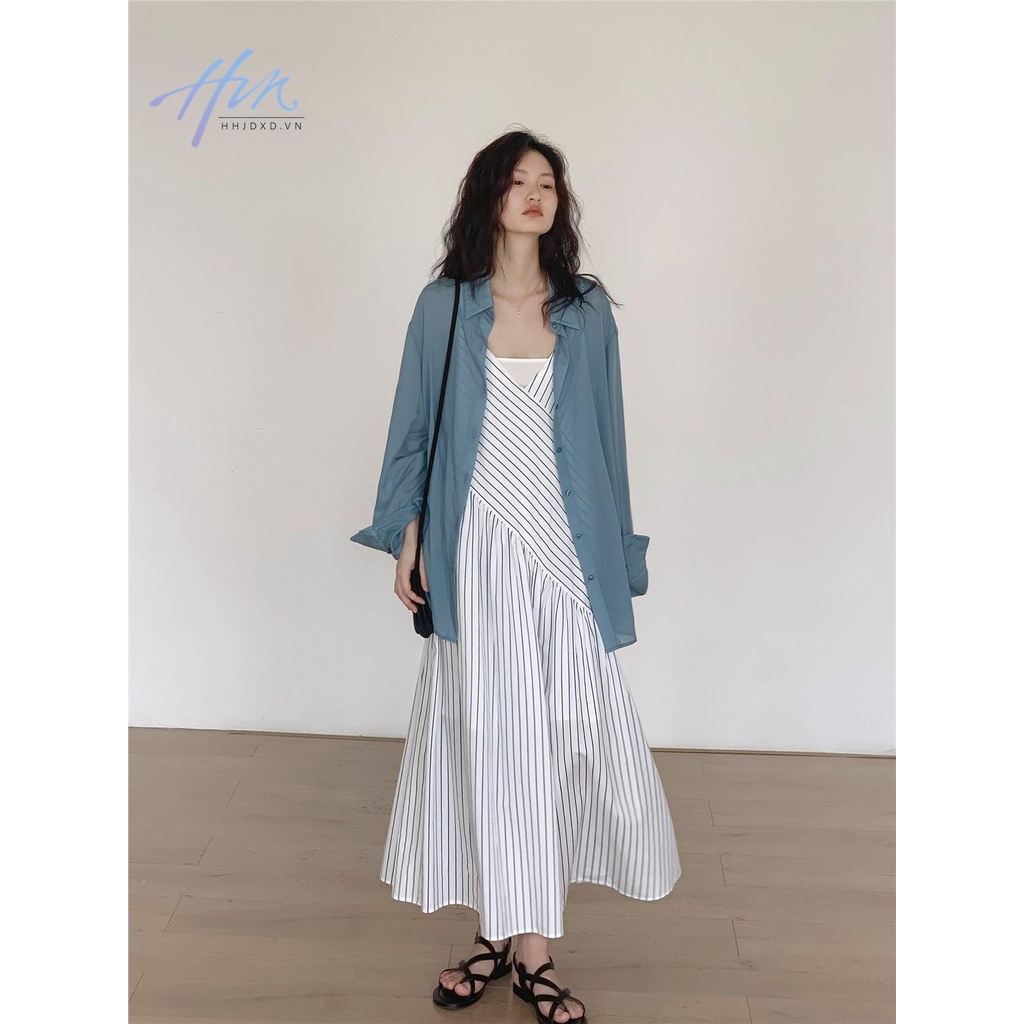 Đầm Hai Dây Dáng Rộng Họa Tiết Kẻ Sọc Trắng Xanh Dương Thời Trang Mùa Hè Cho Nữ