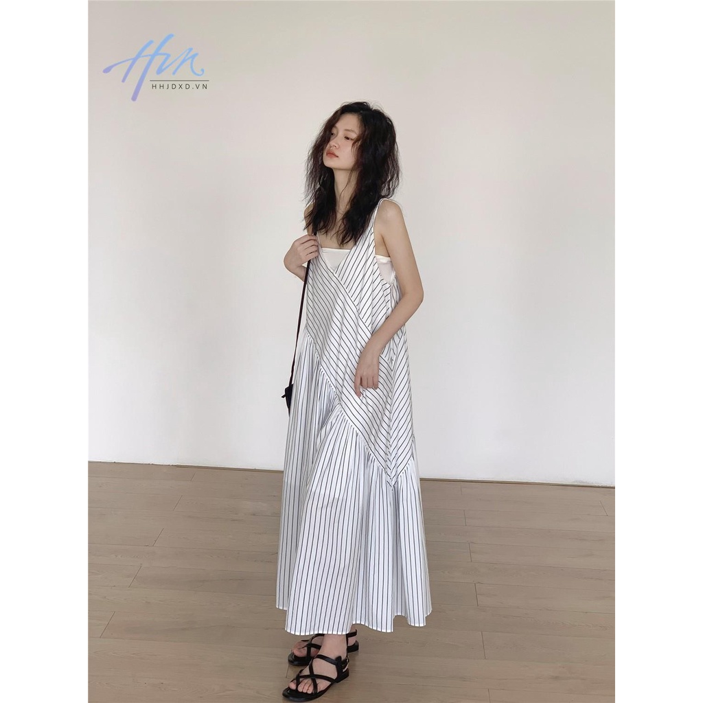 Đầm Hai Dây Dáng Rộng Họa Tiết Kẻ Sọc Trắng Xanh Dương Thời Trang Mùa Hè Cho Nữ
