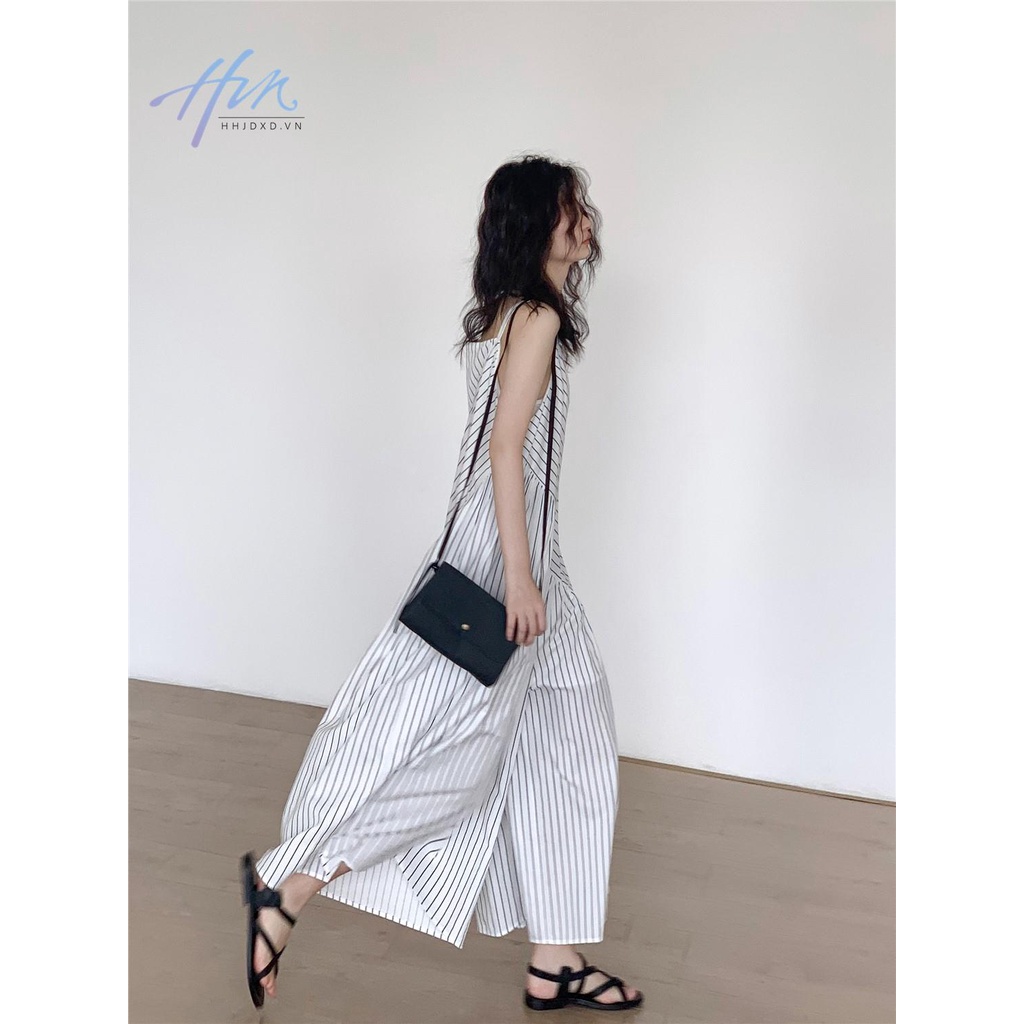 Đầm Hai Dây Dáng Rộng Họa Tiết Kẻ Sọc Trắng Xanh Dương Thời Trang Mùa Hè Cho Nữ