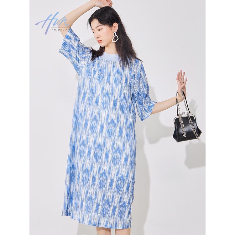 Đầm Tay Ngắn Cổ Tròn Xếp Ly Dáng Rộng In Họa Tiết Thời Trang Mùa Hè 2023 Mới Cho Nữ