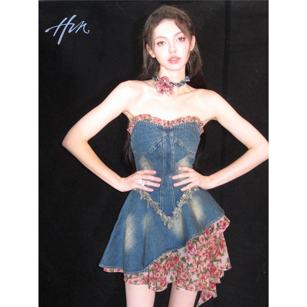 Đầm Denim Họa Tiết Hoa Hồng Viền Thô Eo Hẹp Thời Trang Xuân Hè