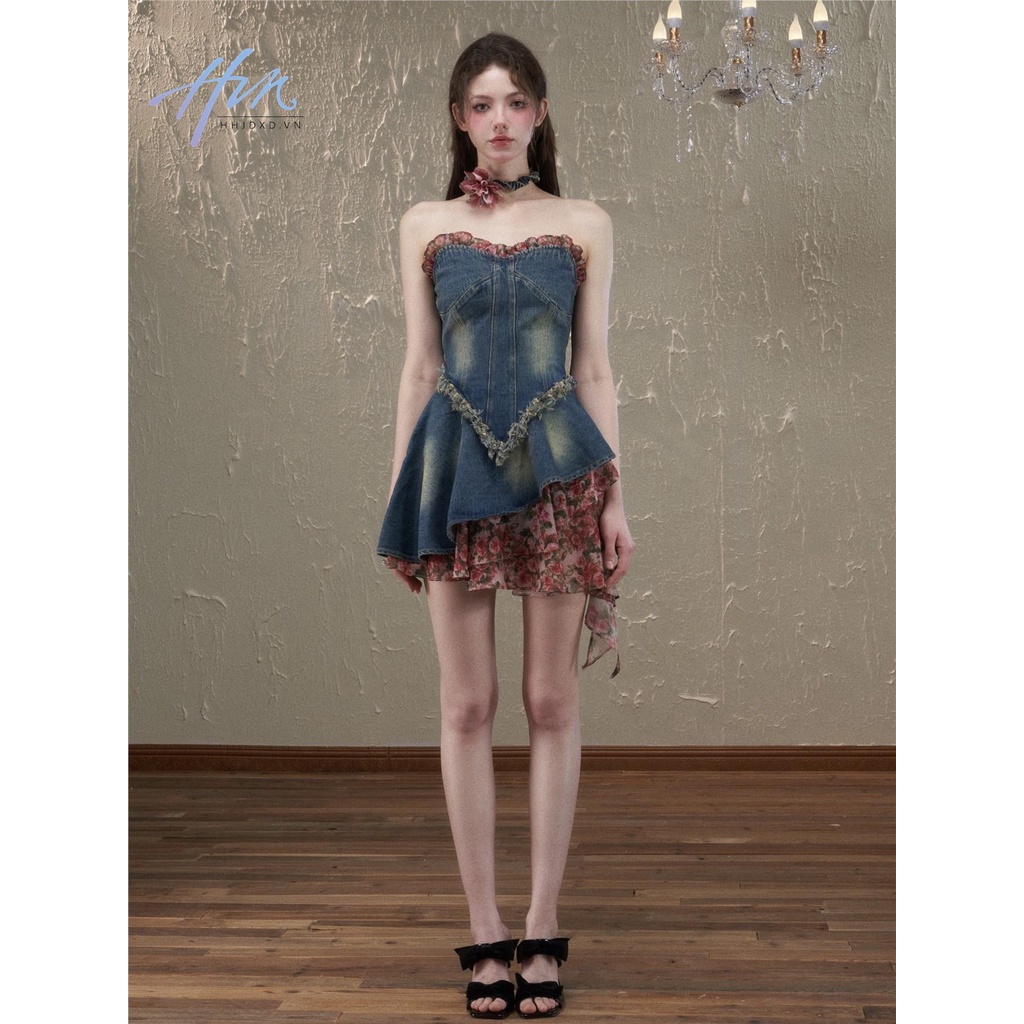 Đầm Denim Họa Tiết Hoa Hồng Viền Thô Eo Hẹp Thời Trang Xuân Hè