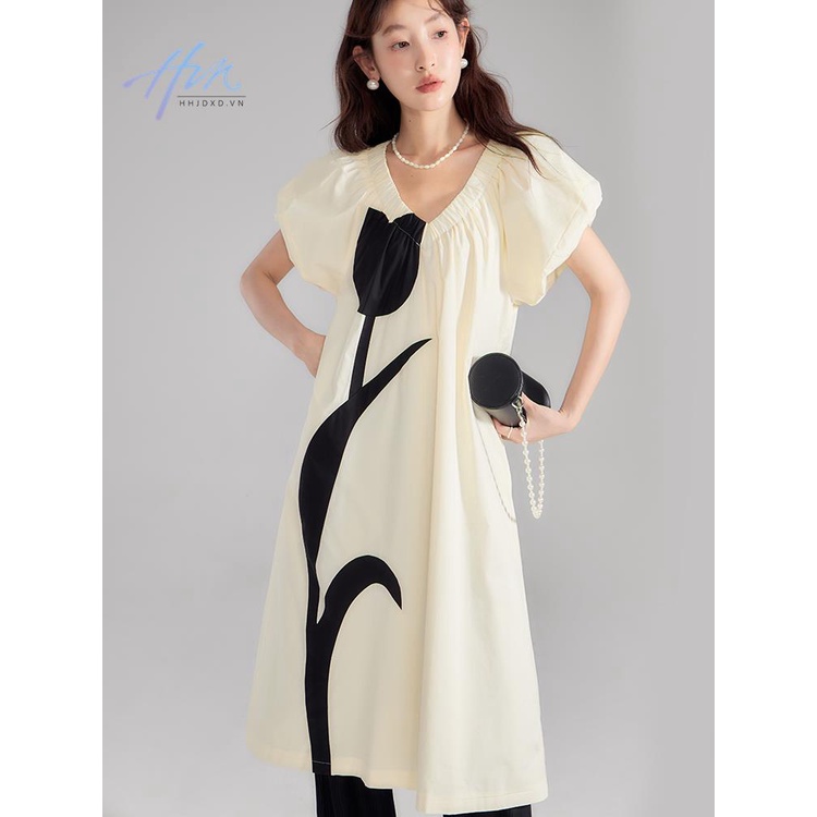 Đầm Dáng Rộng Cổ Chữ V Màu Sắc Tương Phản Phong Cách Pháp