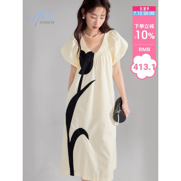 Đầm Dáng Rộng Cổ Chữ V Màu Sắc Tương Phản Phong Cách Pháp