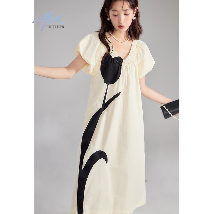 Đầm Dáng Rộng Cổ Chữ V Màu Sắc Tương Phản Phong Cách Pháp