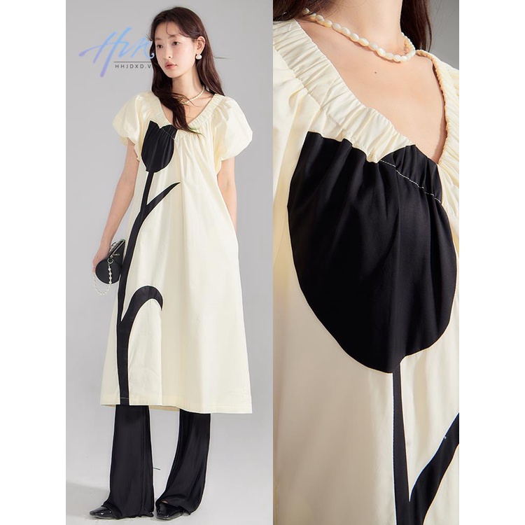 Đầm Dáng Rộng Cổ Chữ V Màu Sắc Tương Phản Phong Cách Pháp