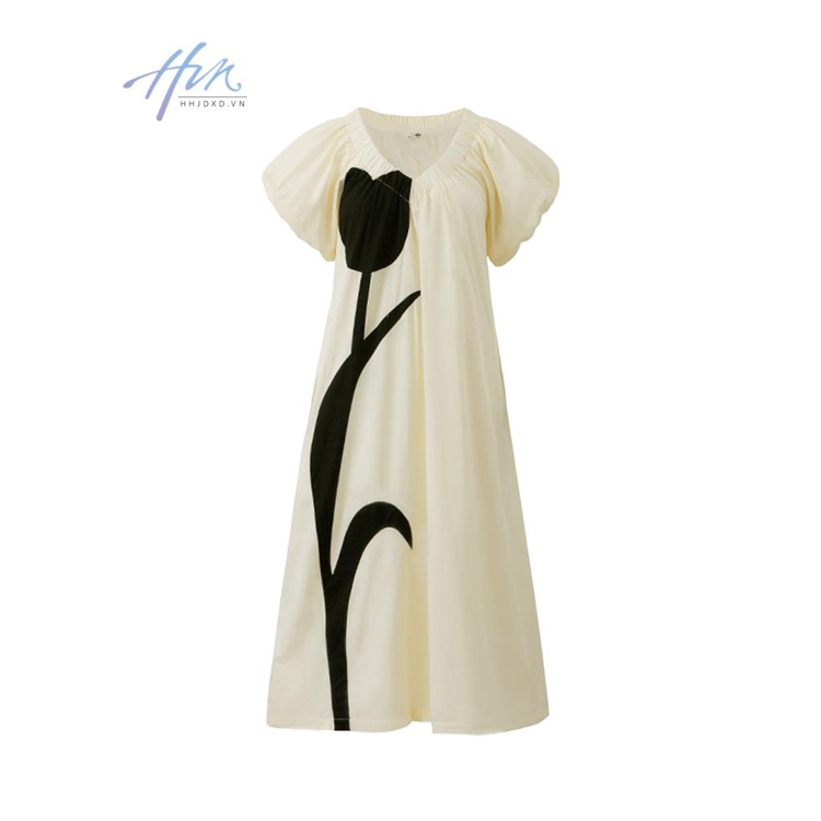 Đầm Dáng Rộng Cổ Chữ V Màu Sắc Tương Phản Phong Cách Pháp