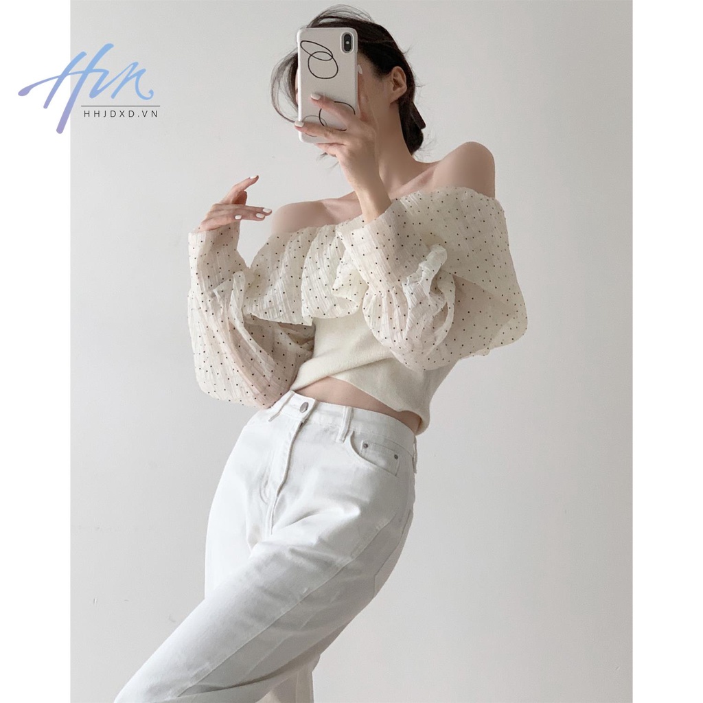 Áo Kiểu Tay Phồng Hở Vai Họa Tiết Chấm Bi Phong Cách Pháp Thời Trang Xuân Hè Cho Nữ