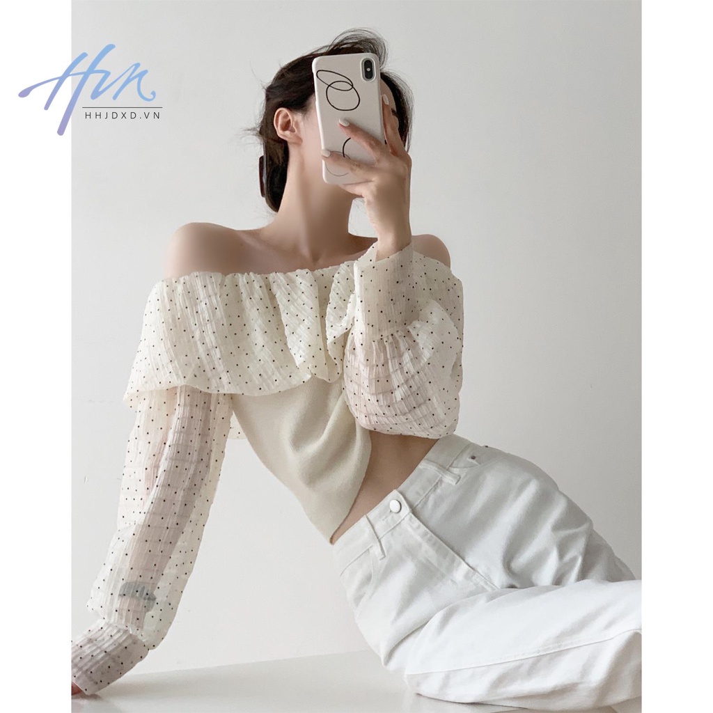 Áo Kiểu Tay Phồng Hở Vai Họa Tiết Chấm Bi Phong Cách Pháp Thời Trang Xuân Hè Cho Nữ