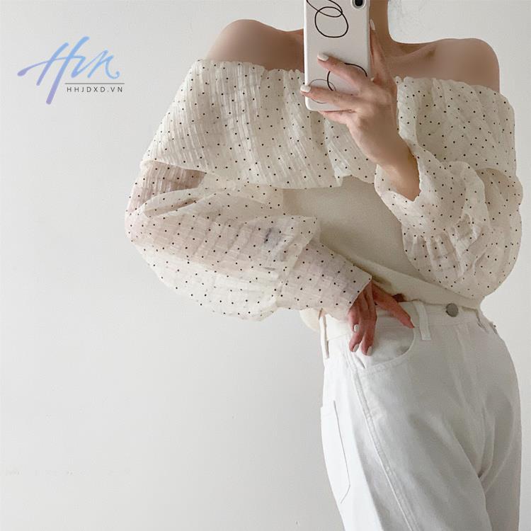 Áo Kiểu Tay Phồng Hở Vai Họa Tiết Chấm Bi Phong Cách Pháp Thời Trang Xuân Hè Cho Nữ