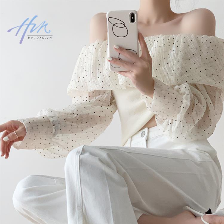 Áo Kiểu Tay Phồng Hở Vai Họa Tiết Chấm Bi Phong Cách Pháp Thời Trang Xuân Hè Cho Nữ