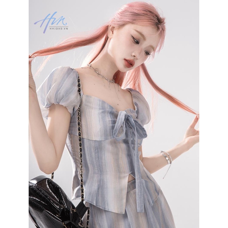 Oneofuuu Bộ Đồ Họa Tiết Kẻ Sọc Nhuộm Màu Phong Cách Mới Mùa Hè Cho Nữ