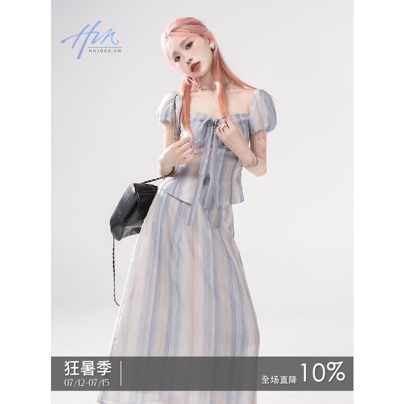 Oneofuuu Bộ Đồ Họa Tiết Kẻ Sọc Nhuộm Màu Phong Cách Mới Mùa Hè Cho Nữ