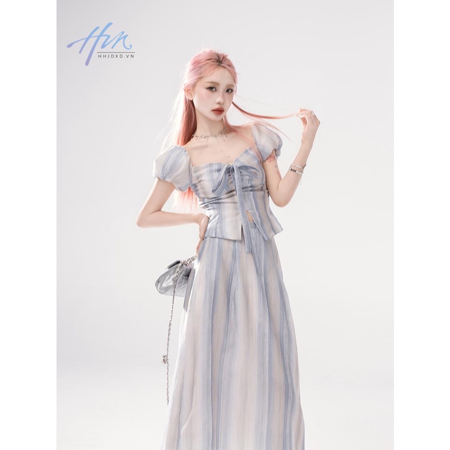 Oneofuuu Bộ Đồ Họa Tiết Kẻ Sọc Nhuộm Màu Phong Cách Mới Mùa Hè Cho Nữ