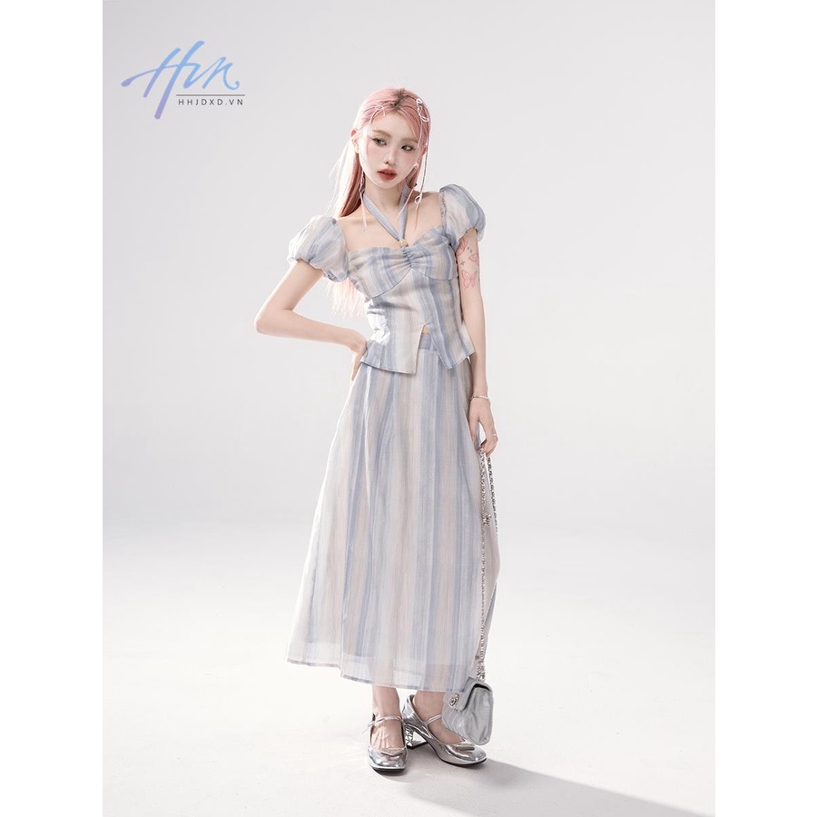 Oneofuuu Bộ Đồ Họa Tiết Kẻ Sọc Nhuộm Màu Phong Cách Mới Mùa Hè Cho Nữ