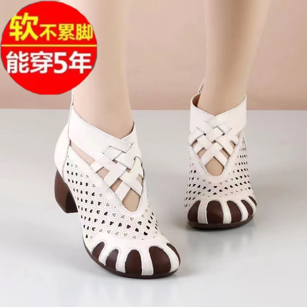 Giày Sandal Da Thật Mùa Hè 2023 Thoáng Khí Đế Mềm Chống Trượt Phong Cách Dân Tộc Cổ Điển Cho Nữ