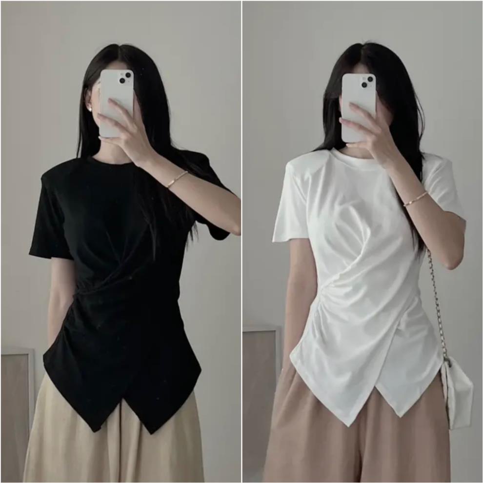Áo thun nữ xoắn eo, Áo thun 2 vạt chéo- chất liệu bozip