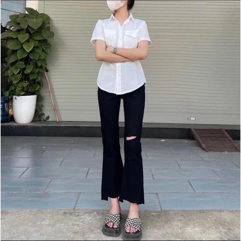 Quần Jeans Loe Rách Đùi Gấu Cắt, Quần Jeans Co Giãn Hack Dáng Thời Trang
