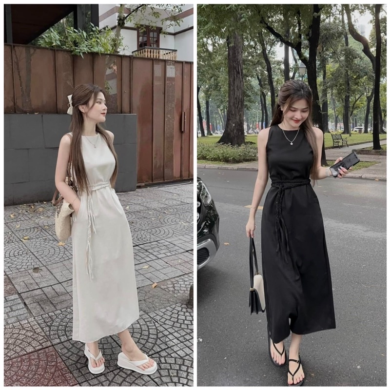 Đầm sát nách đũi lien đai tết