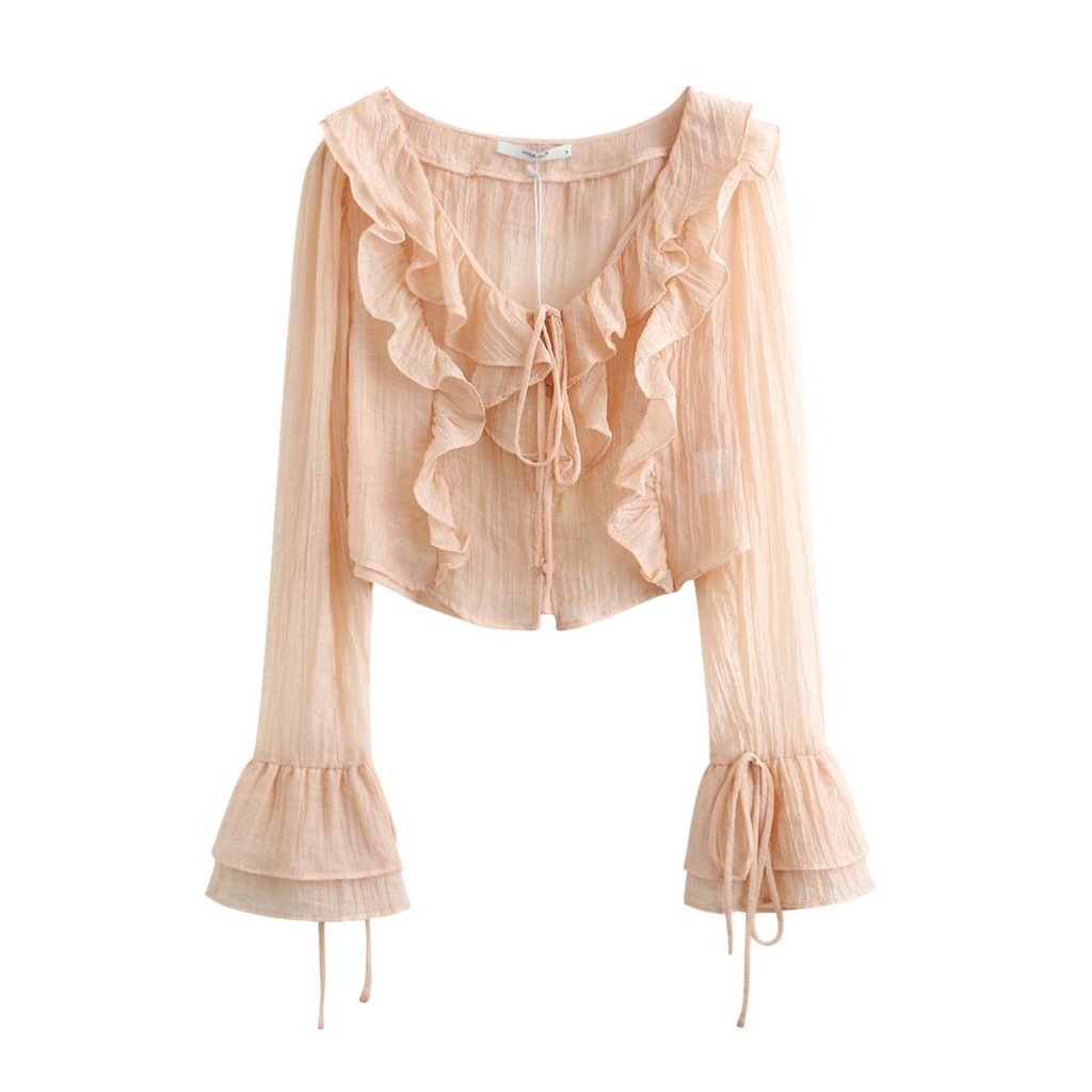 Áo Sơ Mi chiffon Ngắn Cổ Chữ V Thiết Kế Diềm Xếp Nếp Đính Nơ Phong Cách Pháp Thời Trang Xuân Hè Mới Cho Nữ