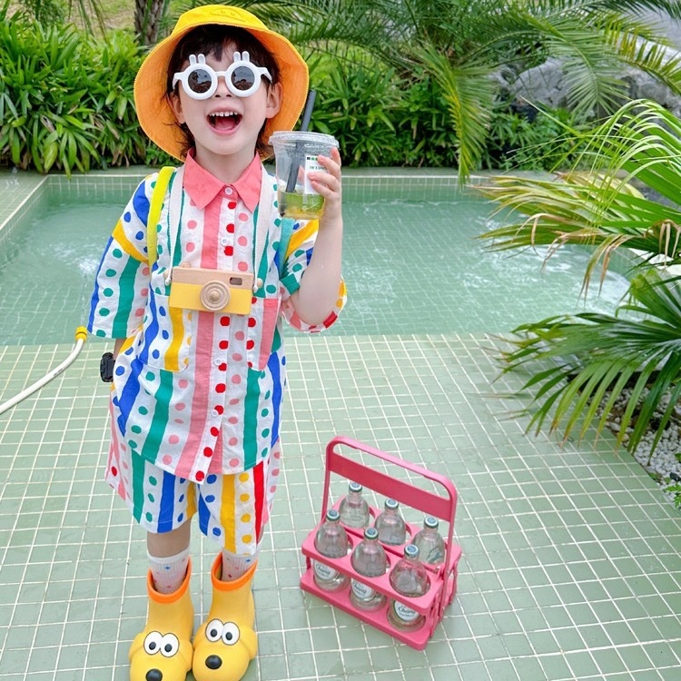 Set Đồ Đi Biển Mùa Hè Hai Mảnh Áo Sơ Mi Chấm Bi Cầu Vồng Phong Cách Hawaii Mới Cho Bé Trai Và Bé Gái