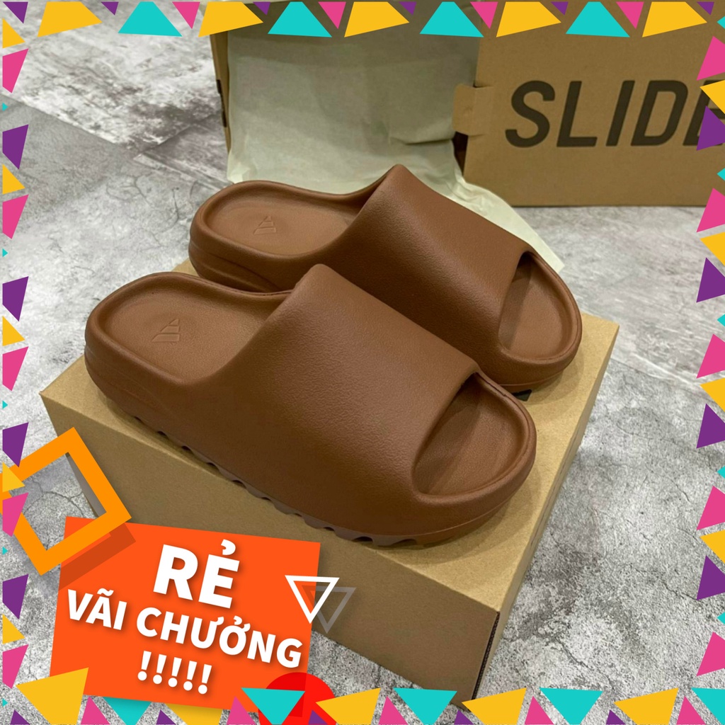 Dép bánh mì Yeezy Slide màu nâu đỏ bản nhám đế cao 5cm nam nữ, dép quai ngang YZ full box.