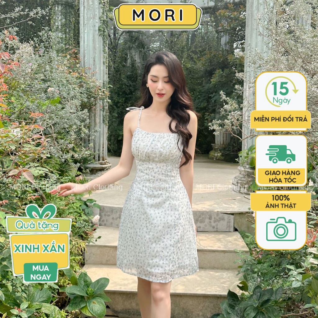 Đầm 2 dây hoa nhí xanh buộc nơ váy nữ dáng ngắn maxi đi biển chất voan thêu in hoa thời trang thiết kế MORICLOTHING V723