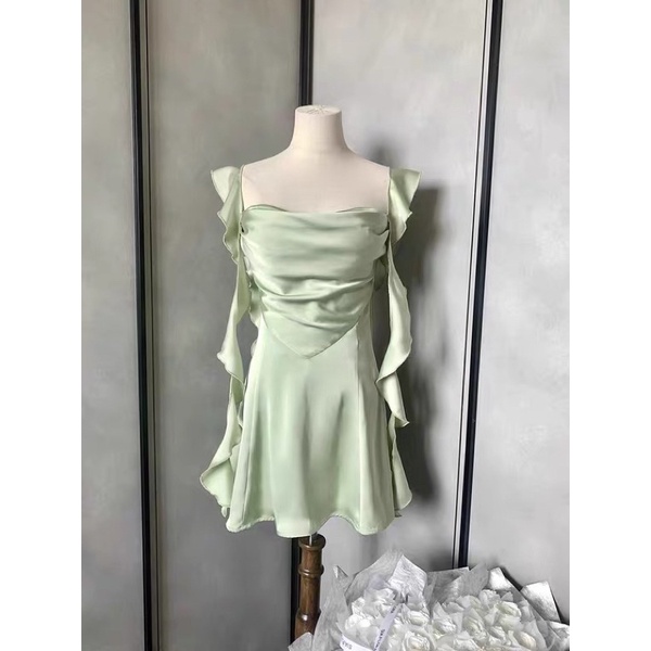 (HÀNG QC)Váy lụa xanh QCCC kín lưng ngắn dài