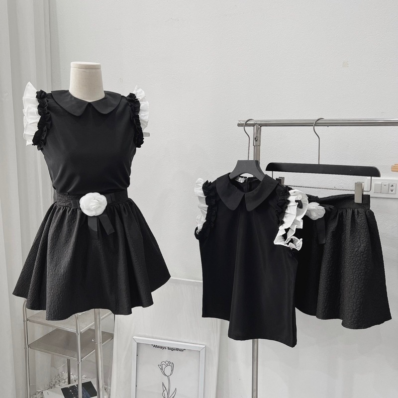 Set Áo Tay Bèo Mix Chân Váy Xốp Hoa Trà Sang Chảnh Có Ảnh Thật