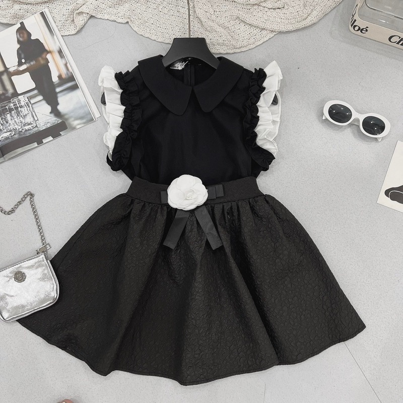 Set Áo Tay Bèo Mix Chân Váy Xốp Hoa Trà Sang Chảnh Có Ảnh Thật